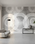 Geometric circle peel and stick wallpaper in soft grey and white