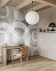 Rhythmic removable wallpaper with overlapping circular motifs
