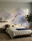 Silver Silence lavender and silver mountain landscape wallpaper in a warm and inviting living room