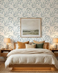 Silver Willow serene blue botanical wallpaper adding character to a cozy bedroom
