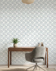 Silver Willow serene blue botanical wallpaper as a feature wall in a bright home office
