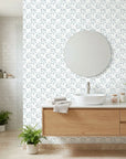 Silver Willow serene blue botanical wallpaper creating ambiance in a serene bathroom