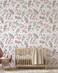 Silver & Berry modern red botanical wallpaper as a feature wall in a bright home office