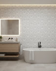 Silver Damascene elegant blue grey damask wallpaper creating ambiance in a serene bathroom