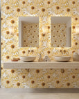 Sketch Bloom golden floral peel and stick wallpaper creating ambiance in a serene bathroom
