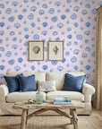 Sketched Seashells serene blue seashell wallpaper in a warm and inviting living room