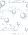 Sketchy blue balloons and puffy clouds decorating a subtle, white wallpaper surface