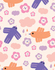 Playful illustrated bird wallpaper pattern with pastel birds, flowers, clouds, and raindrops in soft pink, purple, and peach tones on a light background.