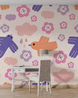 Off-white self-adhesive wall covering featuring playful avian motifs and delicate botanical illustrations - Skydance Bloom