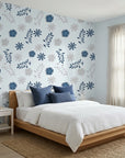 Slate Garden serene blue grey floral wallpaper adding character to a cozy bedroom