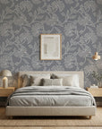 Matte grey stitched floral vine peel and stick wallpaper - Slate Sashiko in a warm living room