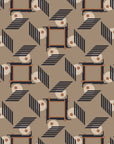 Peel and stick wallpaper featuring an abstract, architectural geometric pattern in shades of brown and black