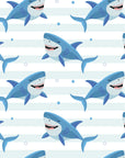 Marine-themed wall covering patterned with stripes and cheeky, winking blue sharks
