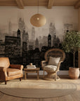 Sepia and black Smoke & Shadow cityscape wallpaper in warm modern living room with natural lighting