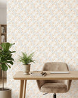 Soft Geometry peach and grey abstract wallpaper as a feature wall in a bright home office