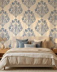 Soft Petal Rhapsody blue grey classic damask wallpaper adding character to a cozy bedroom