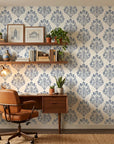 Soft Petal Rhapsody blue grey classic damask wallpaper as a feature wall in a bright home office