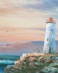 Soft Vigil coastal sunset lighthouse wallpaper creating ambiance in a serene bathroom