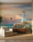 Canvas-like pastel coastal lighthouse sunset peel and stick wallpaper - Soft Vigil