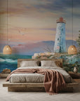 Soft Vigil coastal sunset lighthouse wallpaper in a warm and inviting living room