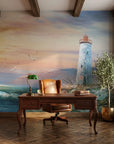Soft Vigil coastal sunset lighthouse wallpaper as a feature wall in a bright home office