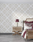 Taupe and cream Soft Bouquet Opus damask wallpaper in elegant bedroom with plum accents