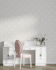 Soft Bouquet Opus damask wallpaper in beige and cream tones styling an elegant vanity workspace