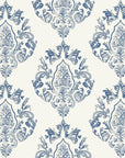 Traditional blue and gray damask Soft Petal Rhapsody wallpaper with ornate floral medallions on cream background