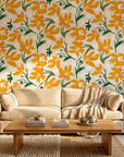 Solar Bloom bright floral wallpaper in a warm and inviting living room