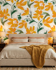 Solar Bloom bright floral wallpaper adding character to a cozy bedroom