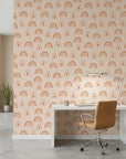 Solstice Rite boho terracotta rainbow moon wallpaper as a feature wall in a bright home office