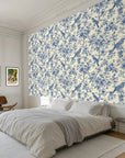 Smooth blue botanical songbird toile peel and stick wallpaper - Songbird Toile