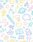 An intensely colored wallpaper display of hand-drawn science and school elements within a precise grid.