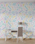 Hand-drawn school supply illustrations in a vibrant grid layout self-adhesive wallpaper - Spark Scribbles