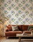 Smooth folk botanical floral sprig peel and stick wallpaper - Spice Garden in a warm living room