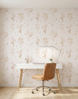 Stardust Field golden botanical wildflower wallpaper as a feature wall in a bright home office