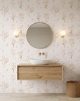 Stardust Field golden botanical wildflower wallpaper creating ambiance in a serene bathroom