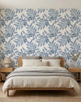 Starfall blue botanical peel and stick wallpaper adding character to a cozy bedroom