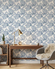 Starfall blue botanical peel and stick wallpaper as a feature wall in a bright home office