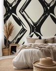 Self-adhesive wall covering, featuring a warped geometric grid pattern in a monochrome, abstract style, known as Static Quake