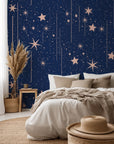 A deep navy blue wallpaper with a celestial pattern of pink stars and connecting lines