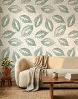 Still Green serene botanical peel and stick wallpaper in a warm and inviting living room