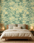 Still Meadow green abstract peel and stick wallpaper adding character to a cozy bedroom