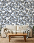 Still Morning blue and grey botanical wallpaper in a warm and inviting living room