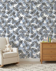 Still Morning blue and grey botanical wallpaper creating ambiance in a serene bathroom