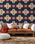 Self-adhesive wallpaper with a geometric Southwest tribal design in navy blue and red, titled Stitched Summit