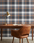 Stone Grid modern grey plaid wallpaper as a feature wall in a bright home office