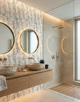 Stone & Sky soft neutral stone inspired texture wallpaper creating ambiance in a serene bathroom