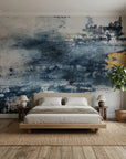 Storm Break dramatic navy abstract wallpaper in a warm and inviting living room