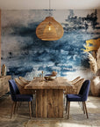 Storm Break dramatic navy abstract wallpaper as a feature wall in a bright home office